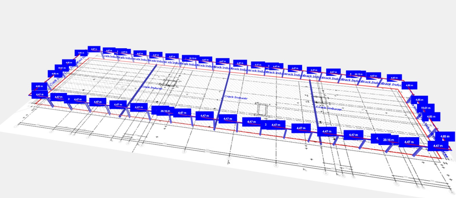 Primostar Software Interface showing crack inducer placement visualization with dimensional calculations and workflow controls